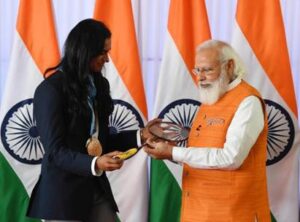 Sindhu presented her racket to Prime Minister Narendra Modi